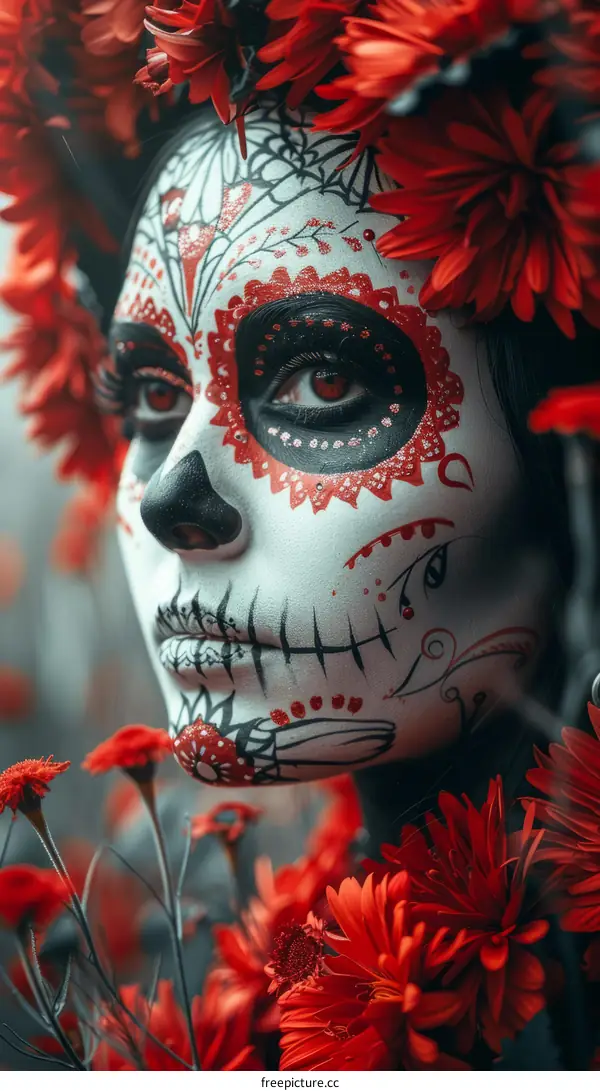 A young woman with painted face and red flowers in her hair