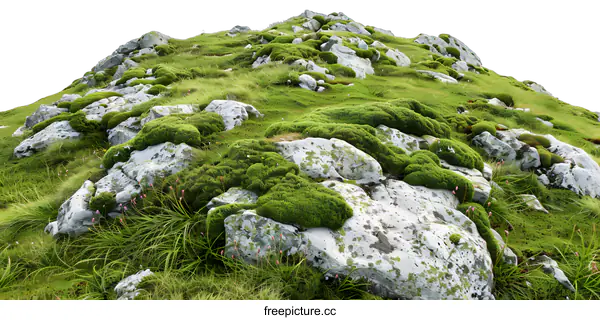 [Transparent Background PNG]Green Moss Covered Rocks on a Hilltop