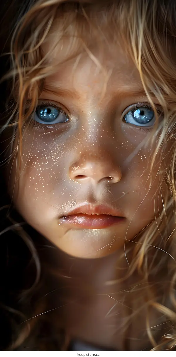 Portrait of a young girl with freckles and blue eyes