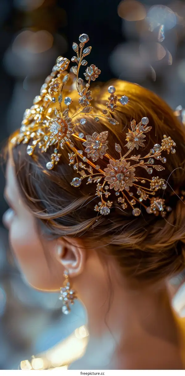 An elegant woman wearing a golden headpiece with diamonds and crystals