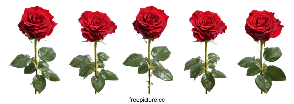 [Transparent Background PNG]Five Red Rose Stems Isolated on White Background