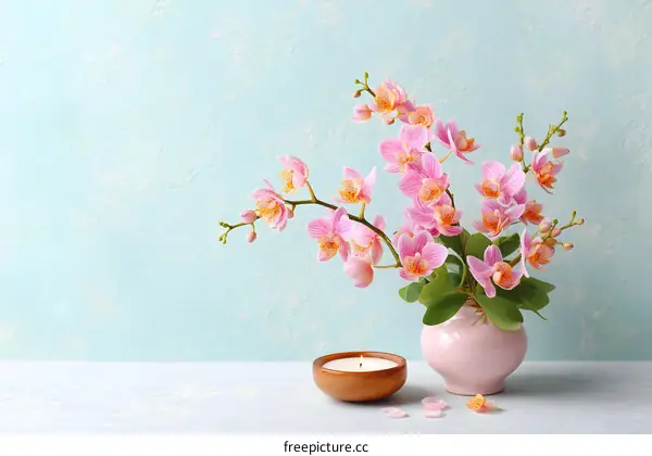 Pink Orchid Arrangement on Light Blue Background