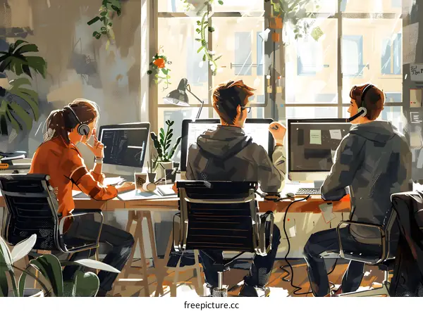 Three people working in an office