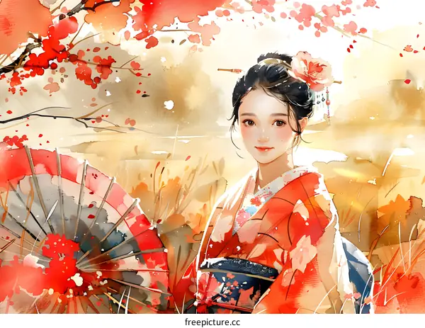 A beautiful Japanese woman in a red kimono standing in a field of red flowers.