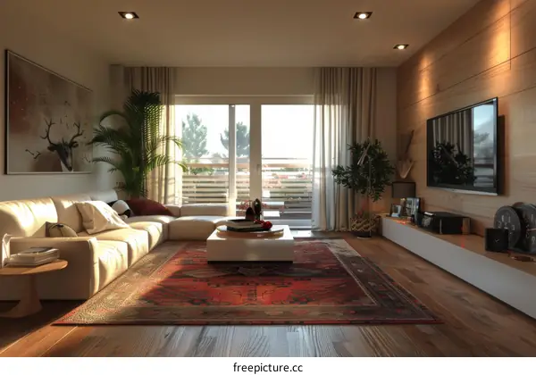 Bright living room with large windows and a colorful rug