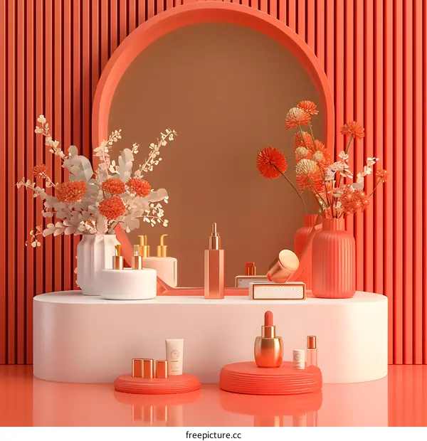 Luxurious Cosmetic Display Showcasing Skincare, Makeup, and Perfume Products