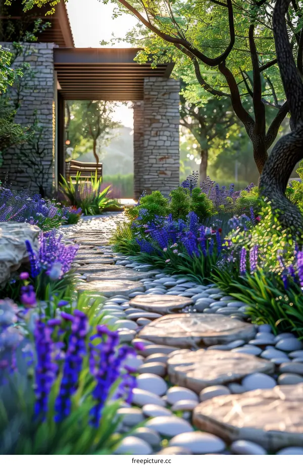 Lush Garden Path with Stone Steps