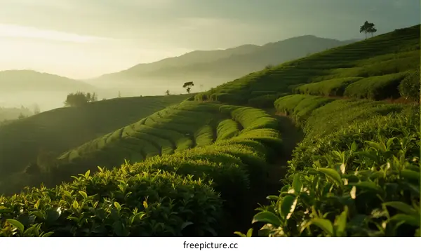 Lush Green Terraced Tea Fields Under Morning Sunlight