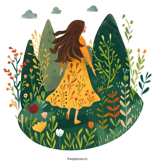 Woman Walking Through a Forest of Flowers