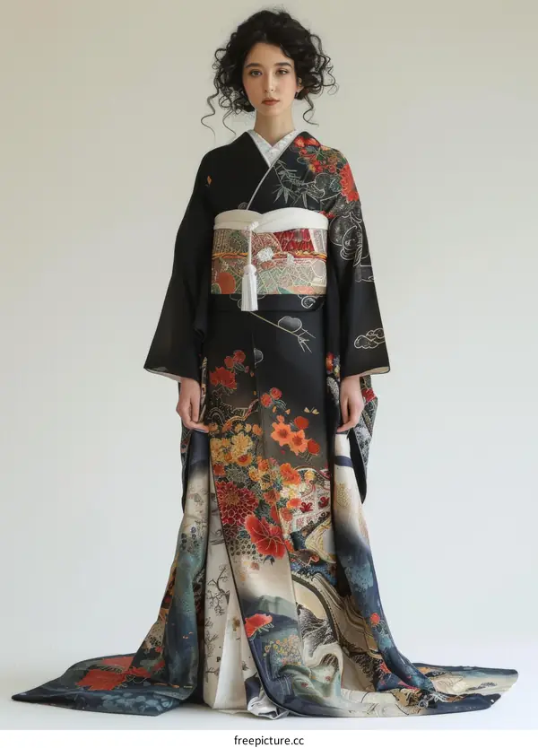 A woman wearing a black kimono with red and gold floral embroidery.