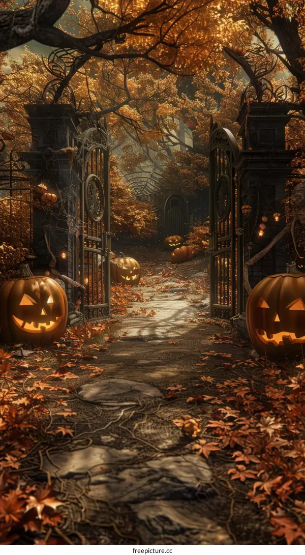 Halloween Scene with Spooky Trees and Glowing Pumpkins