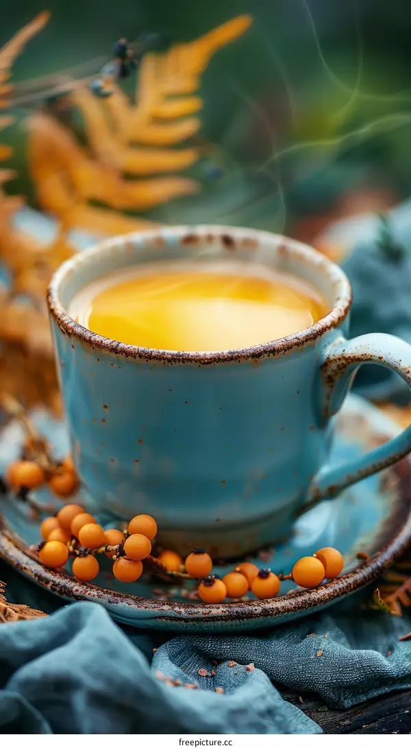 Close-up of a cup of steaming tea with sea buckthorn berries on a saucer