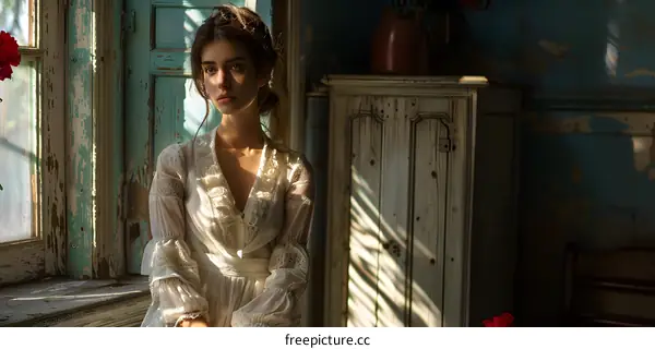Portrait of a young woman in a white dress sitting by the window