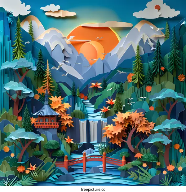 A beautiful landscape with mountains, trees, and a waterfall