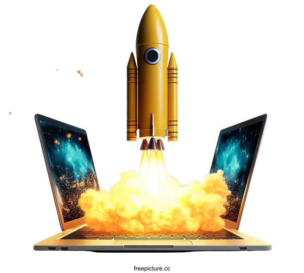 [Transparent Background PNG]Rocket Launching from Laptop  Digital Illustration