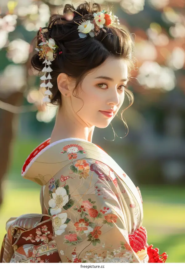 Portrait of a beautiful Japanese woman in traditional kimono