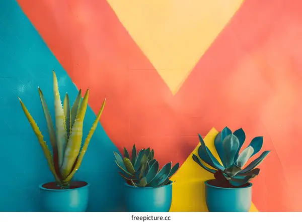 Colorful Wall with Succulents in Pots