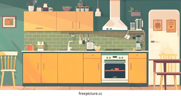 Modern Kitchen Interior Design with Yellow Cabinets and Green Walls