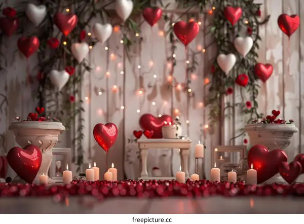 Romantic Valentine's Day Decorations with Red and White Heart Balloons and Candles