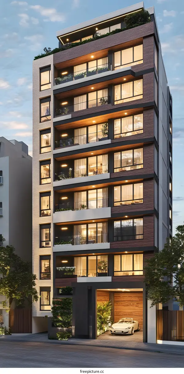 Modern Apartment Building with Wooden Facade and Garage