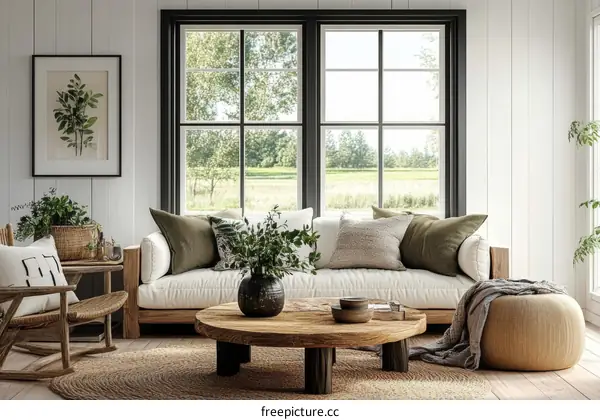 Cozy Farmhouse Living Room with Large Windows