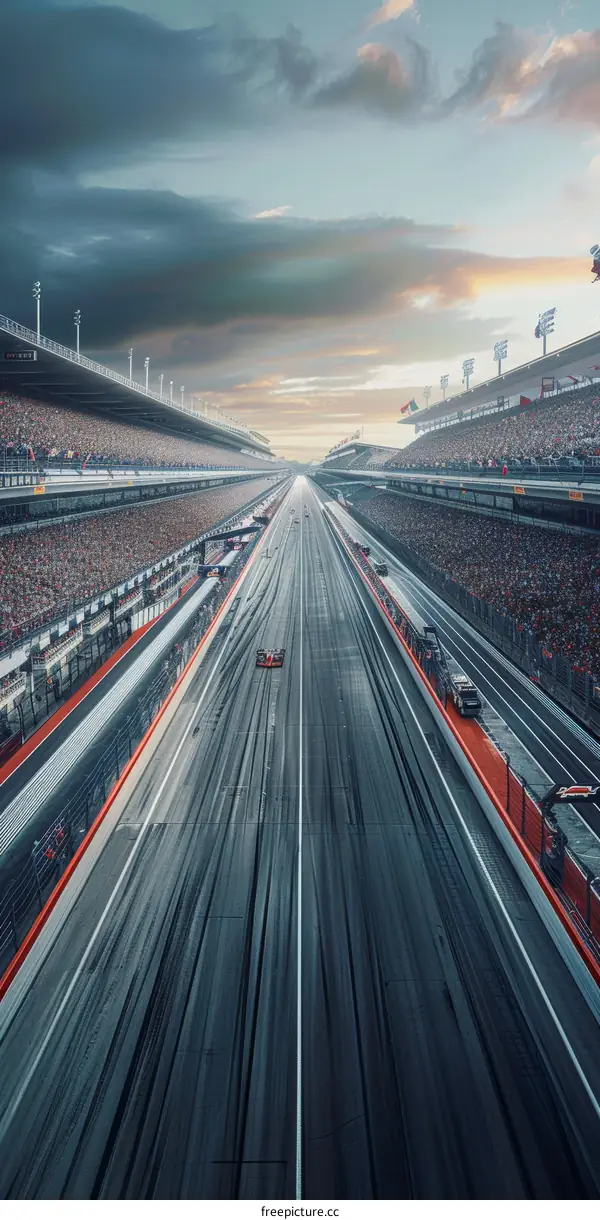 Formula One cars racing down a track with grandstands full of spectators