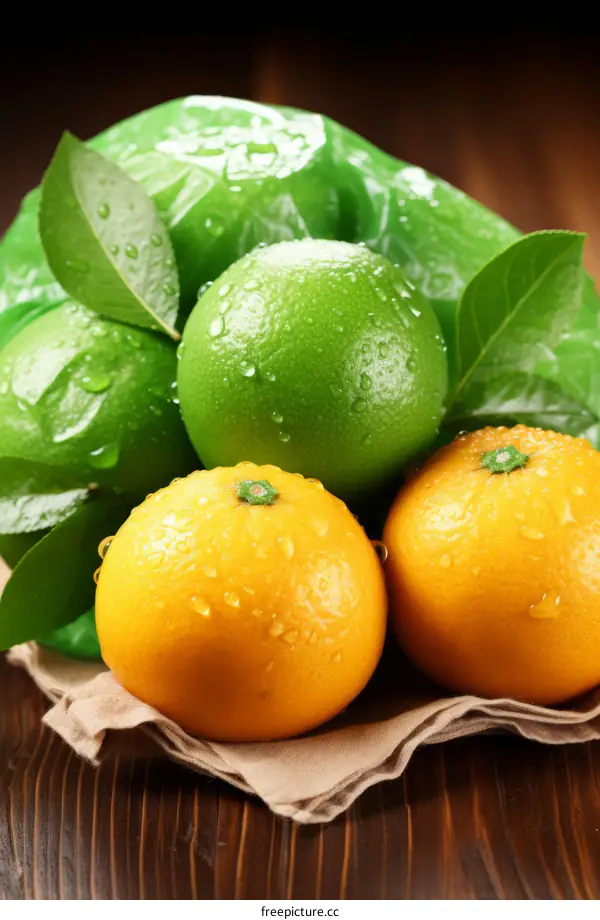 Fresh citrus fruits on a wooden table