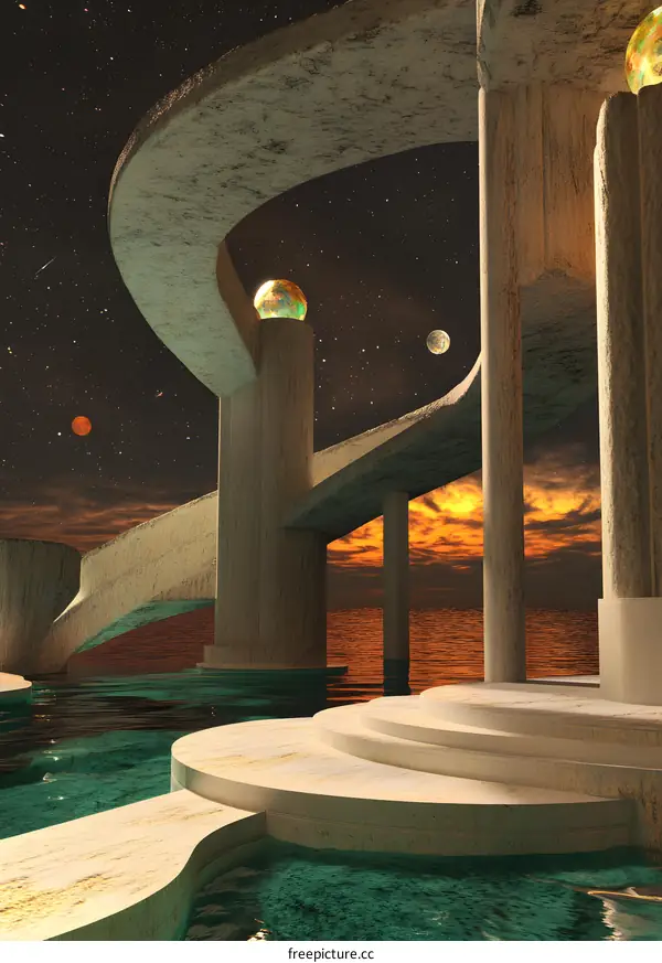 Futuristic Architecture with Starry Sky and a Sunset