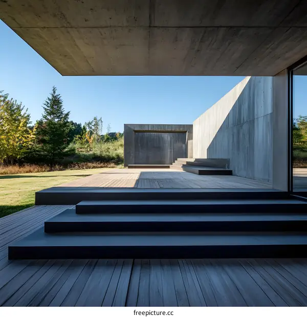 Minimalist Concrete House with Wooden Deck and Steps