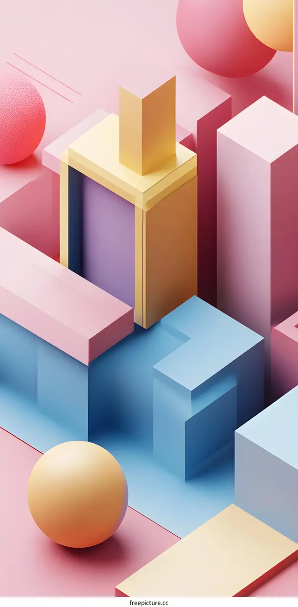 Abstract 3D Geometric Shapes in Pink Yellow Blue and Purple Colors