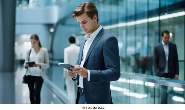 Businessman in suit using tablet in office