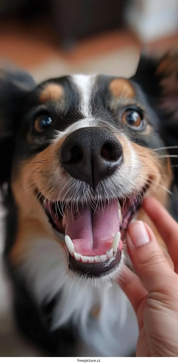 A close-up of a smiling dog's face