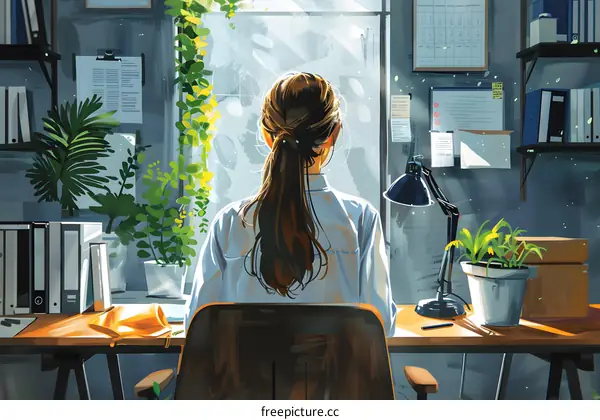 A woman is sitting in a chair in an office looking out the window.