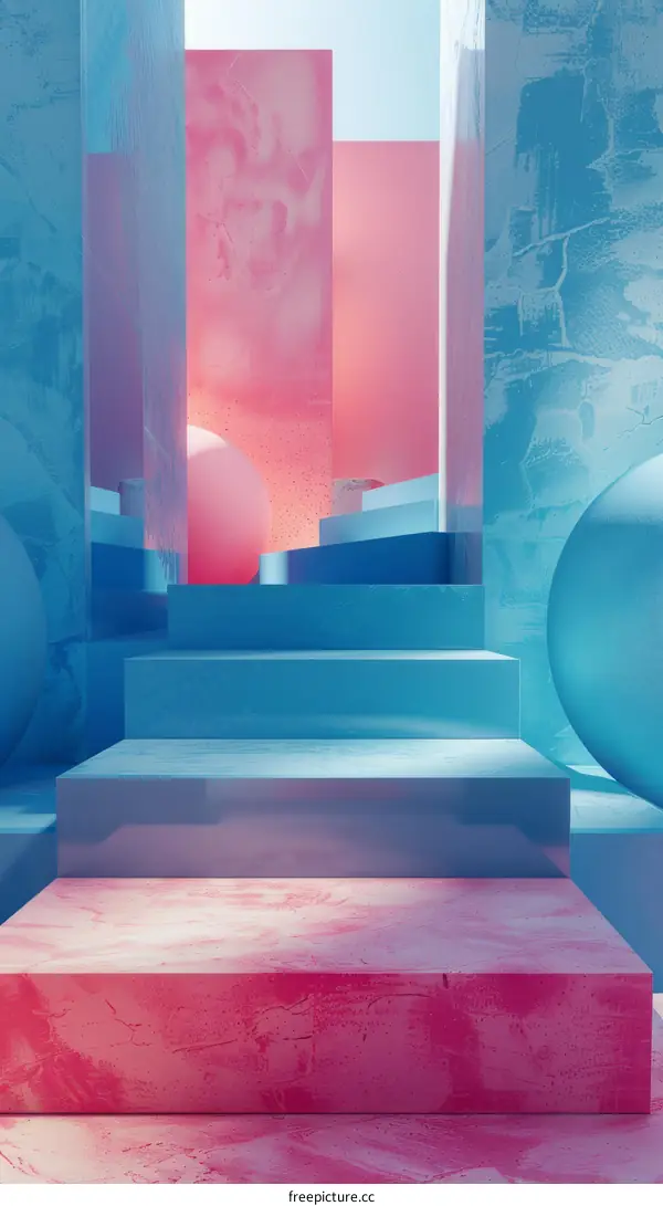 Surreal Dreamscape: Blue and Pink Geometric Shapes with Stairs and Platforms