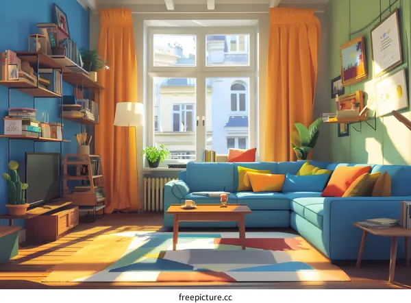 Modern Living Room Interior Design With Blue Sofa And Colorful Pillows