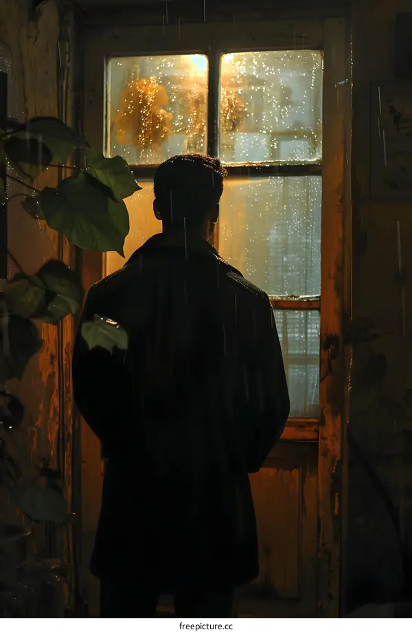 A man is standing with his back to the camera, looking out a window.