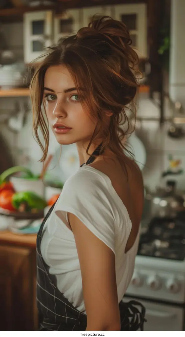 portrait of a beautiful young woman in the kitchen