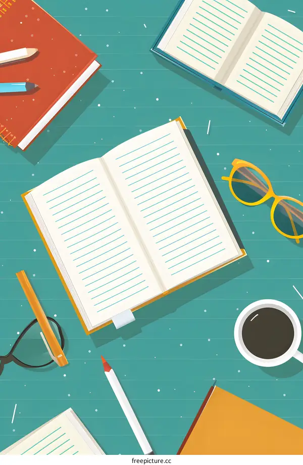 Flat Illustration of Open Book on Green Table with Coffee