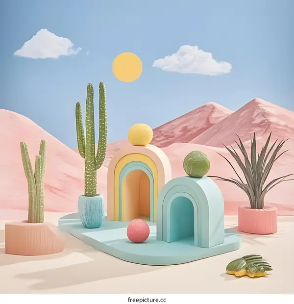 Minimalist Desert Scene with Cactus and Arches