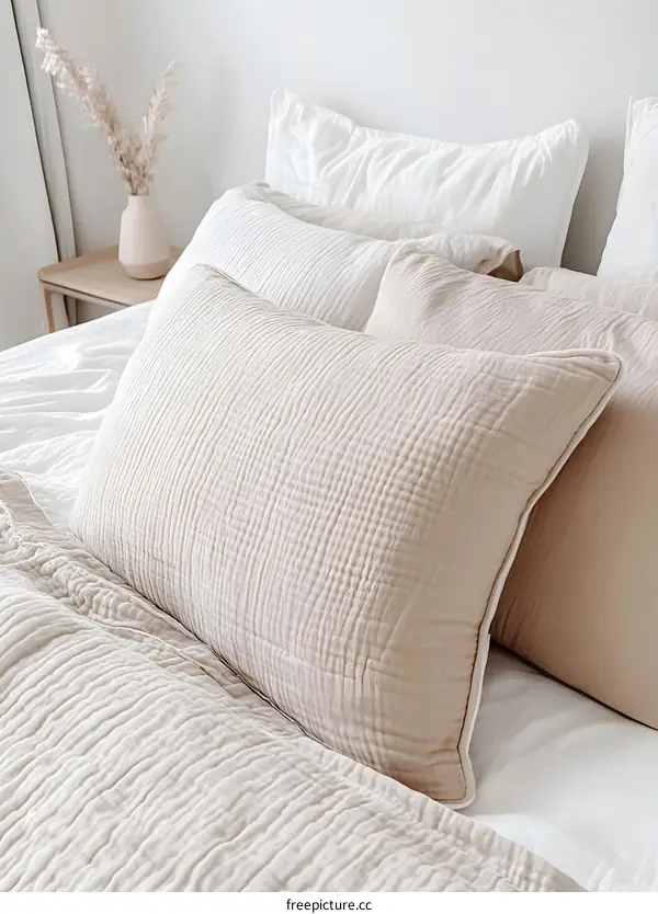 Soft Beige Pillow On White Bed Linen