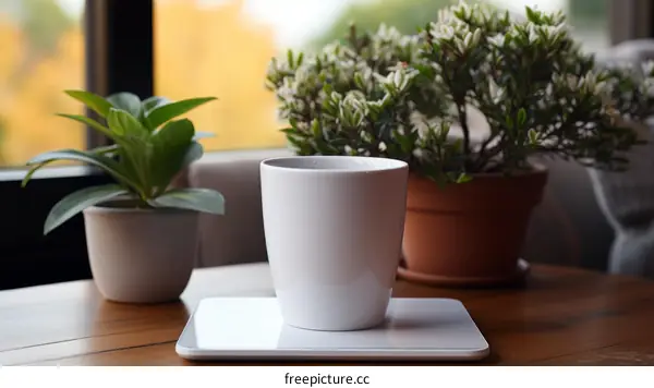A cup of coffee on a table near a window with plants in the background