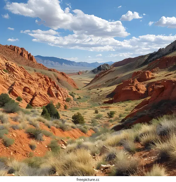 A beautiful landscape of a canyon with red rocks and green plants