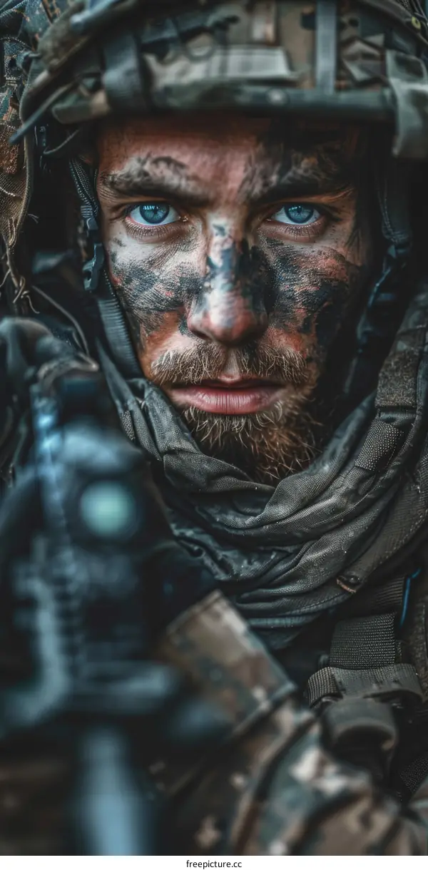 Portrait of a soldier wearing a camouflage uniform and face paint.