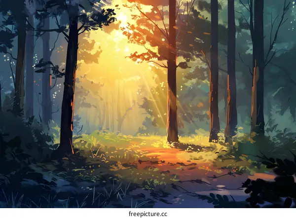 Forest Sunbeams Painting Illustration