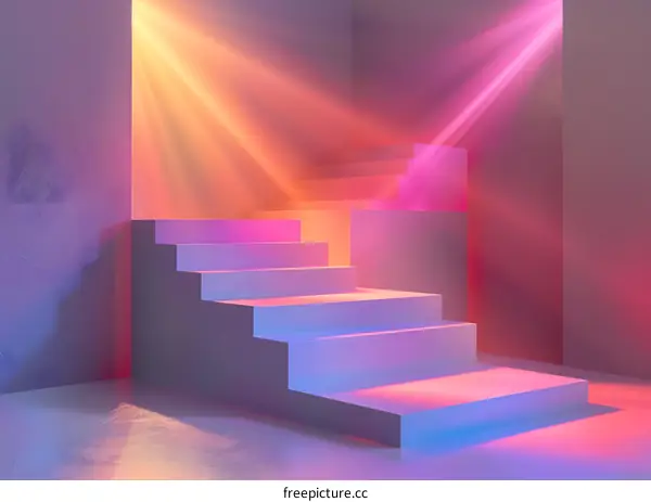 Neon Light Stairs Minimalist 3D Rendering