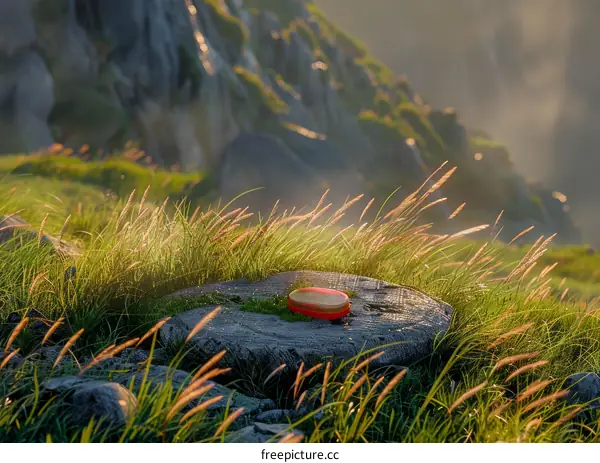 Red Gift Box on a Tree Stump in a Grassy Field