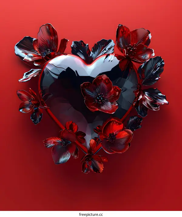 Black glass heart with red flowers
