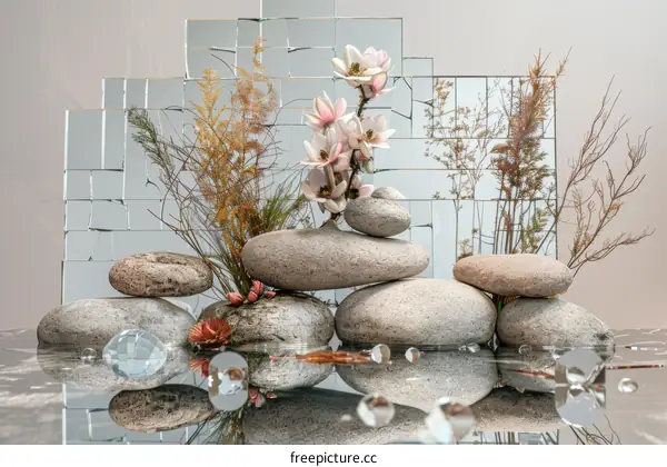 Still life with magnolia flowers, rocks and water