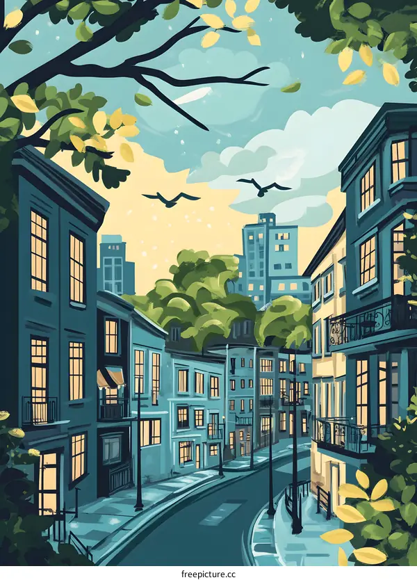 Illustrated Street Scene of a City with Buildings and Green Trees
