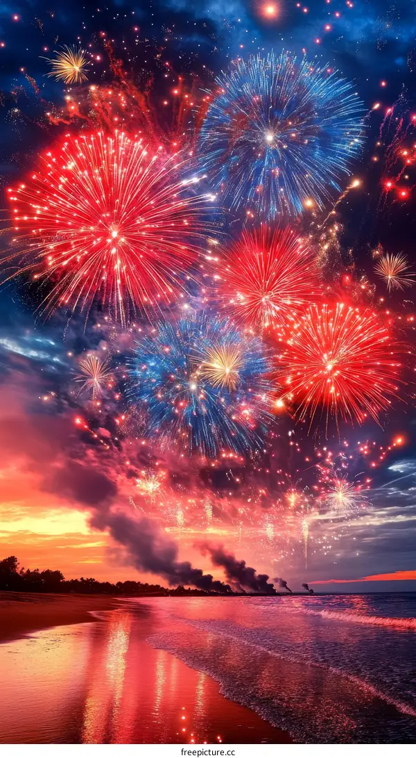 Colorful Fireworks Display over a Beach at Sunset